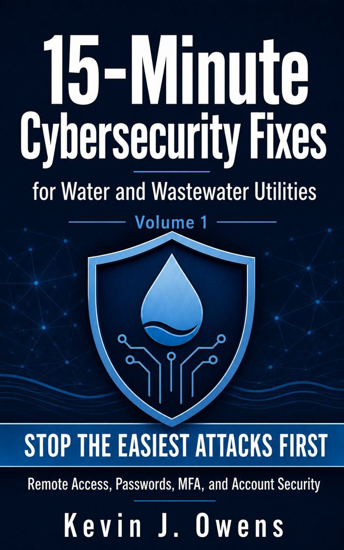 Book cover: 15-Minute Cybersecurity Fixes for Water and Wastewater Utilities, Volume 1, by Kevin J. Owens
